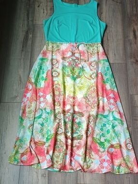 Studio One Aqua Bodice Coral Green Multicolor Floral Maxi Dress